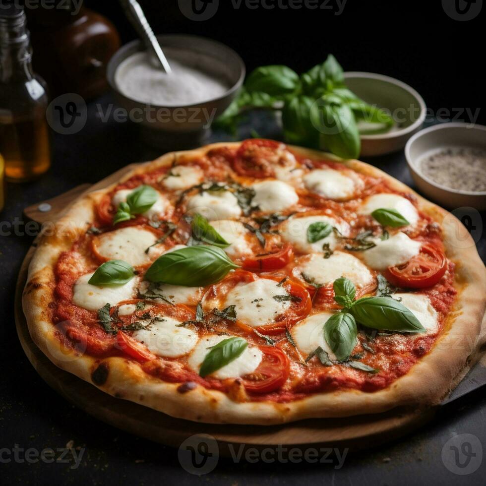 ai generato fresco succoso Pizza con Mozzarella formaggio, pomodori, e basilico erbe aromatiche su un' nero sfondo foto