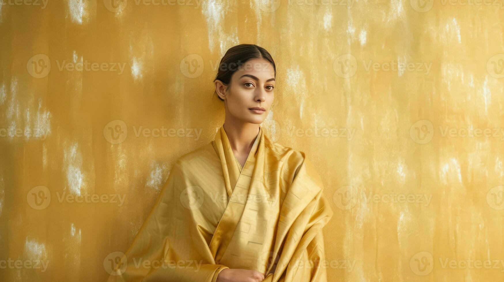 un' donna nel un' giallo sciarpa in posa nel davanti di un' giallo parete foto