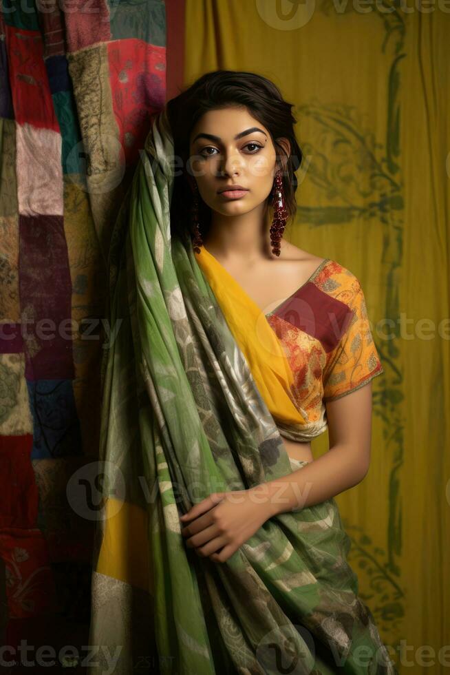 ai generato elegante indiano donna indossare tradizionale capi di abbigliamento foto