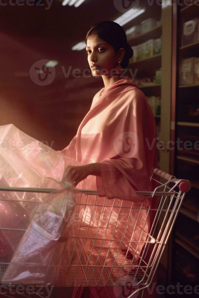 ai generato un' donna Tenere un' shopping carrello pieno con rosa elementi foto