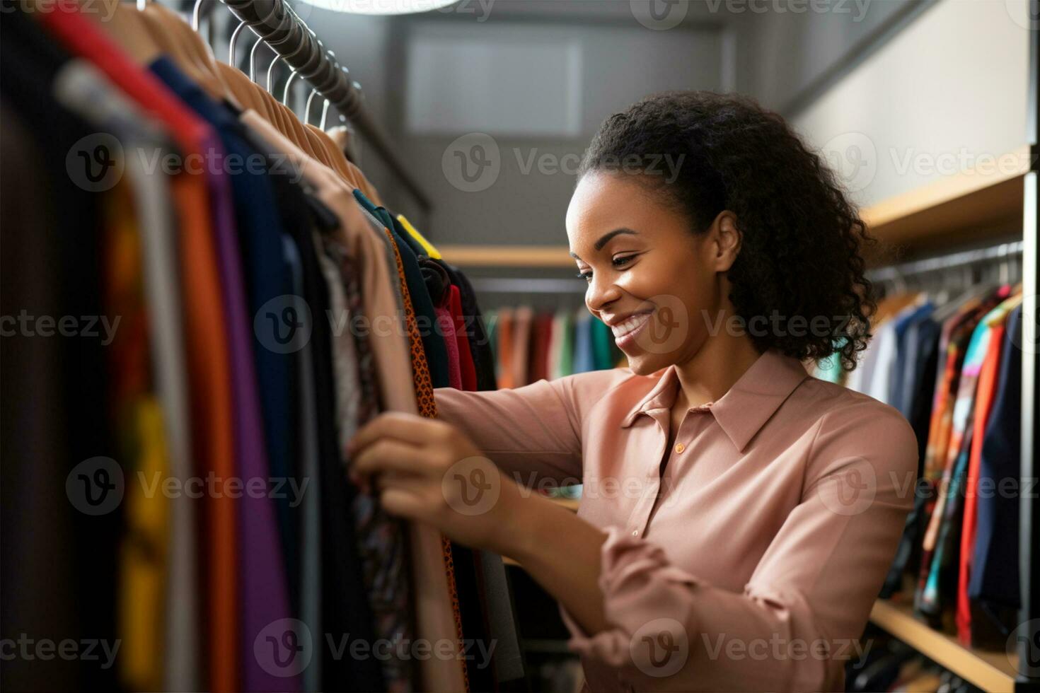 ai generato contento donna nel un' memorizzare guardare a Abiti foto