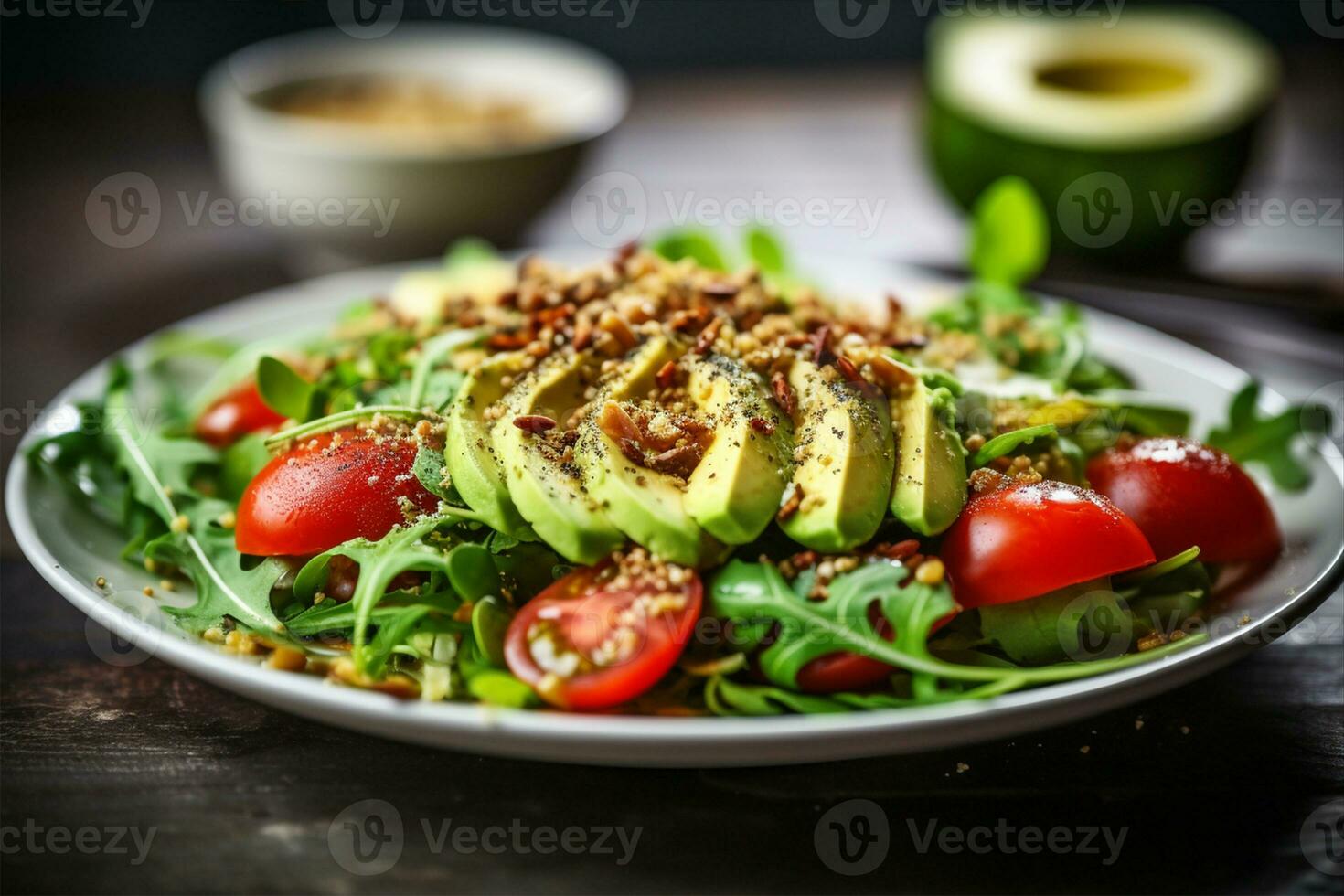 ai generato salutare colazione, frittata frittata con avocado, pomodori e rucola foto