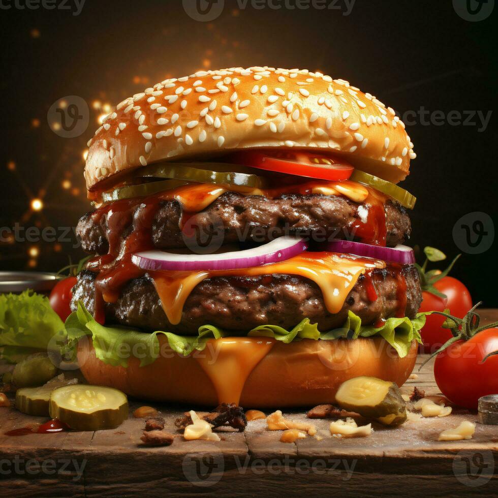 ai generato acquolina in bocca perfezione di un' delizioso hamburger foto