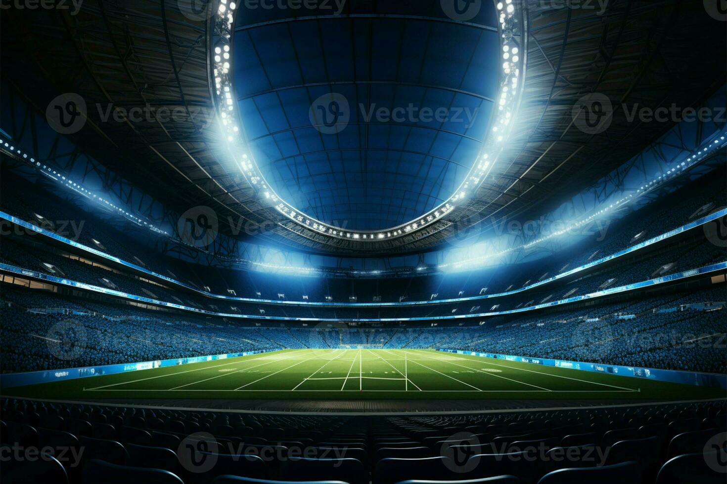 ai generato notte arena spettacolo calcio stadio illuminato con vivace luci, 3d interpretazione foto