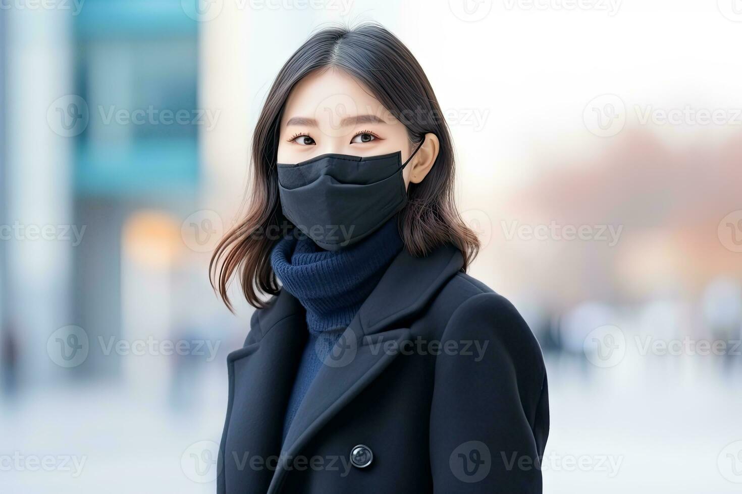 ai generato donna indossare viso maschera proteggere filtro contro aria inquinamento foto