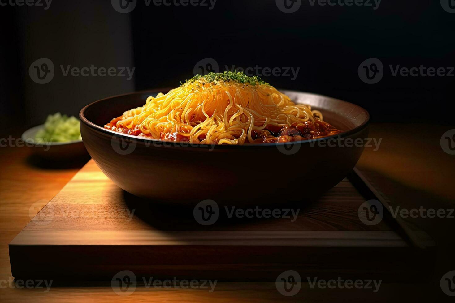 ai generato delizioso ramen su buio superficie foto