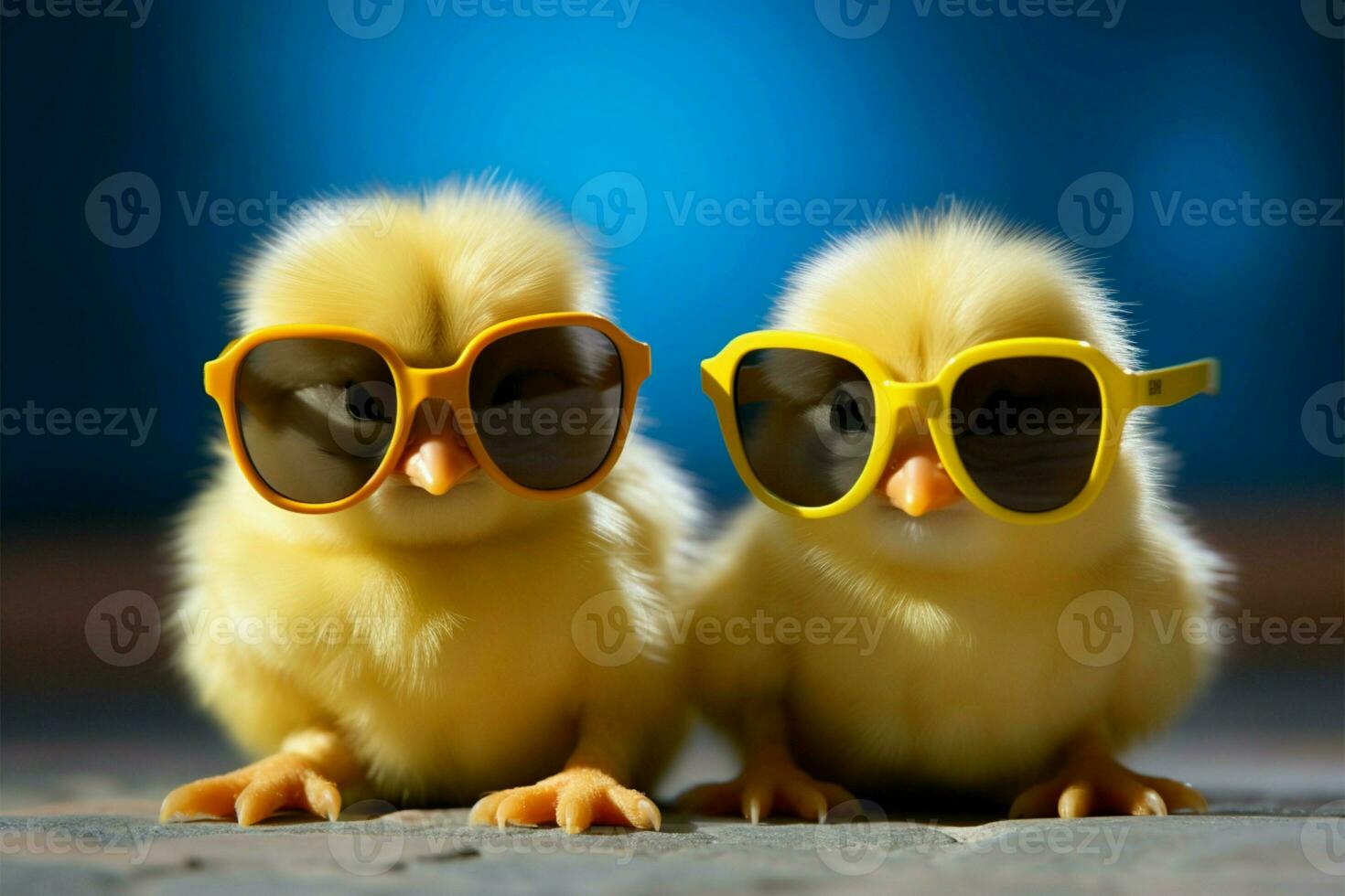ai generato contento pulcino giallo pollame indossare occhiali da sole, piccolo bambino uccello nel primavera foto