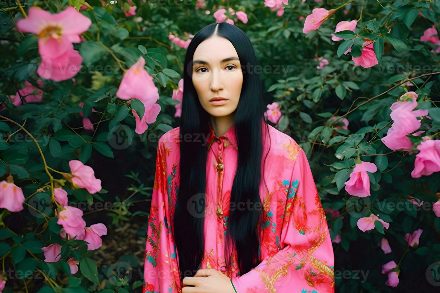 ai generato giovane bellissimo ragazza nel un' fioritura giardino. neurale Rete ai generato foto