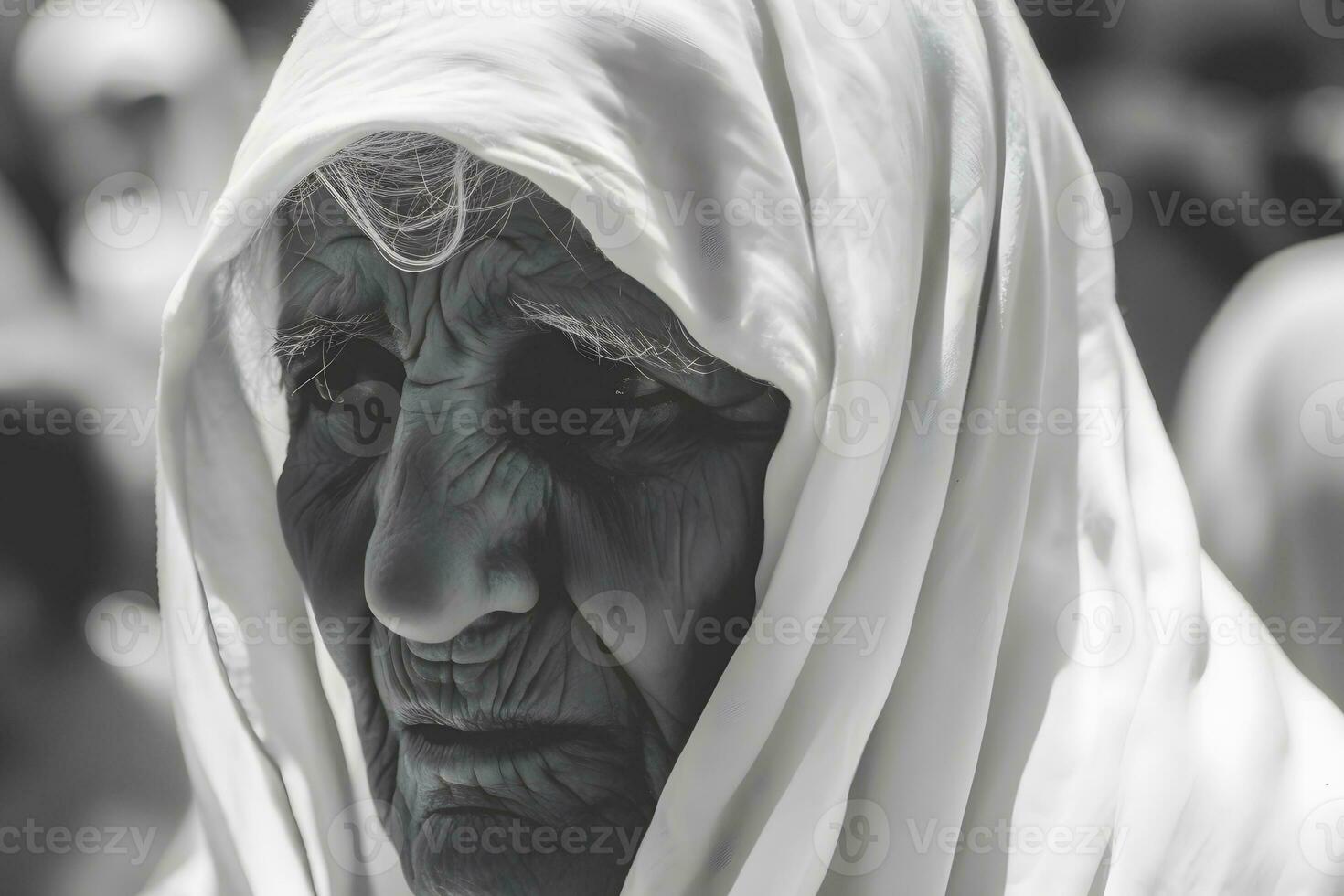 ai generato ritratto di ebraico vecchio donna con un' sciarpa su sua testa. neurale Rete ai generato foto