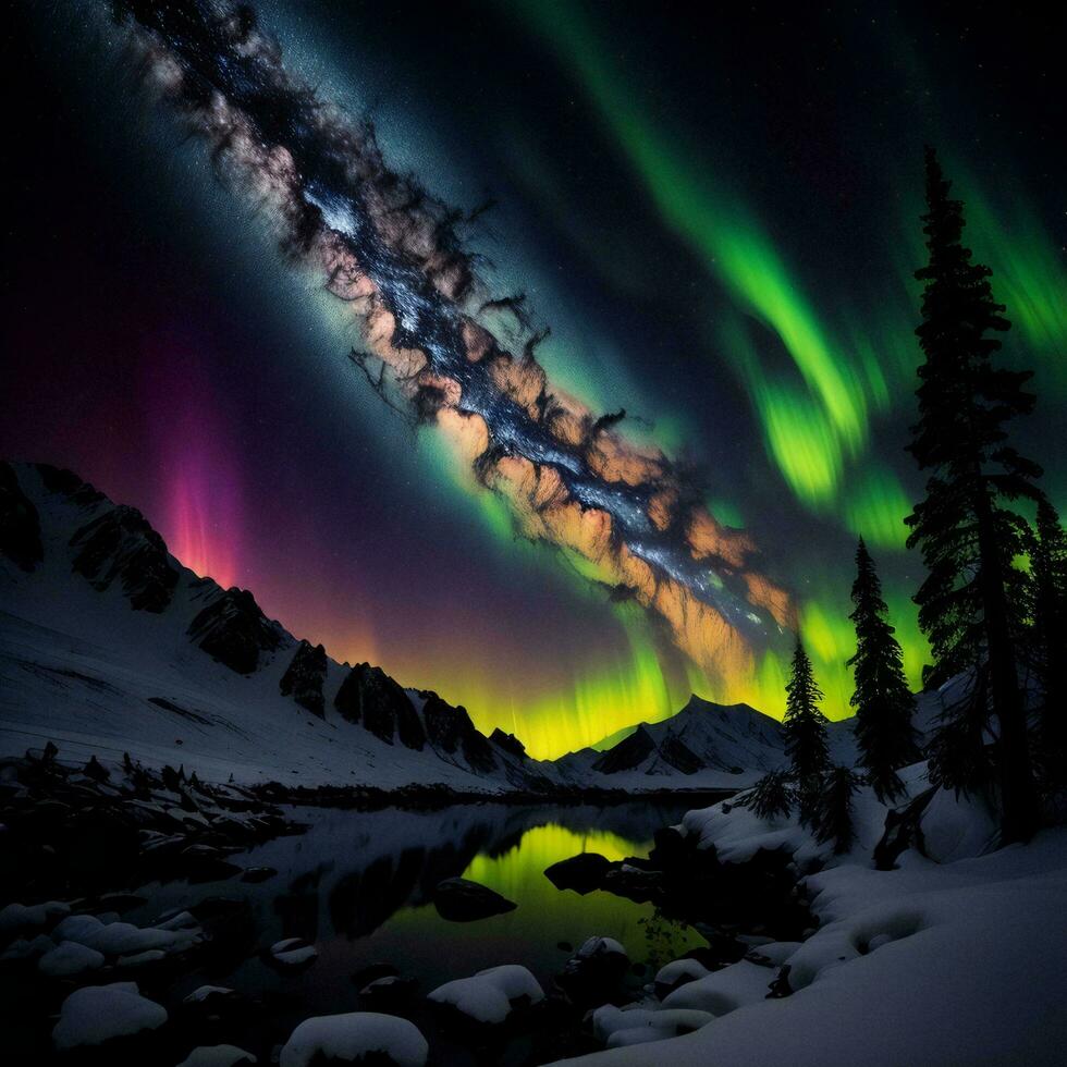 ai generato aurora boreale, settentrionale luci al di sopra di montagna lago nel inverno. generativo ai foto