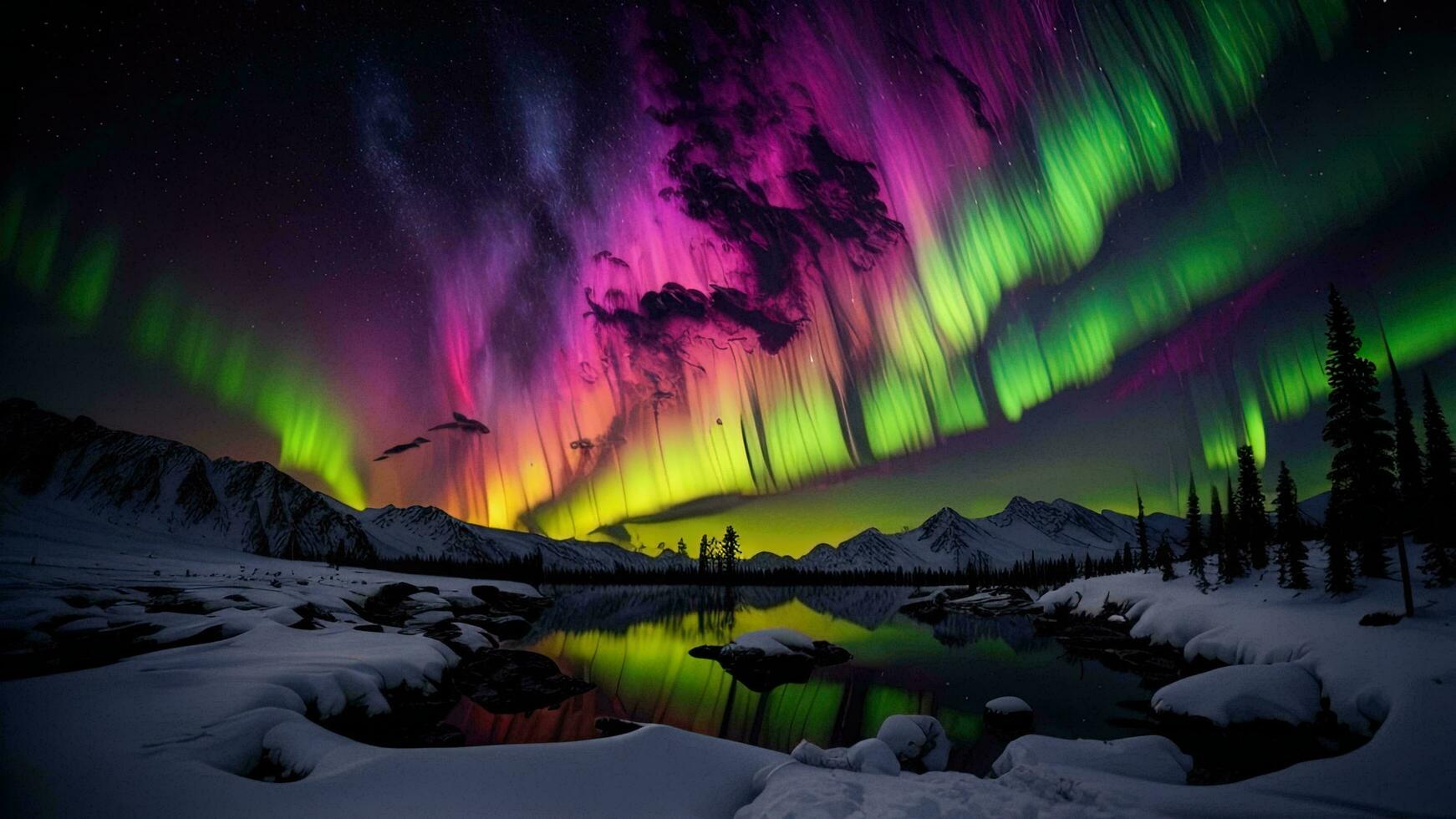 ai generato aurora boreale, settentrionale leggero nel il cielo al di sopra di montagne. generativo ai foto
