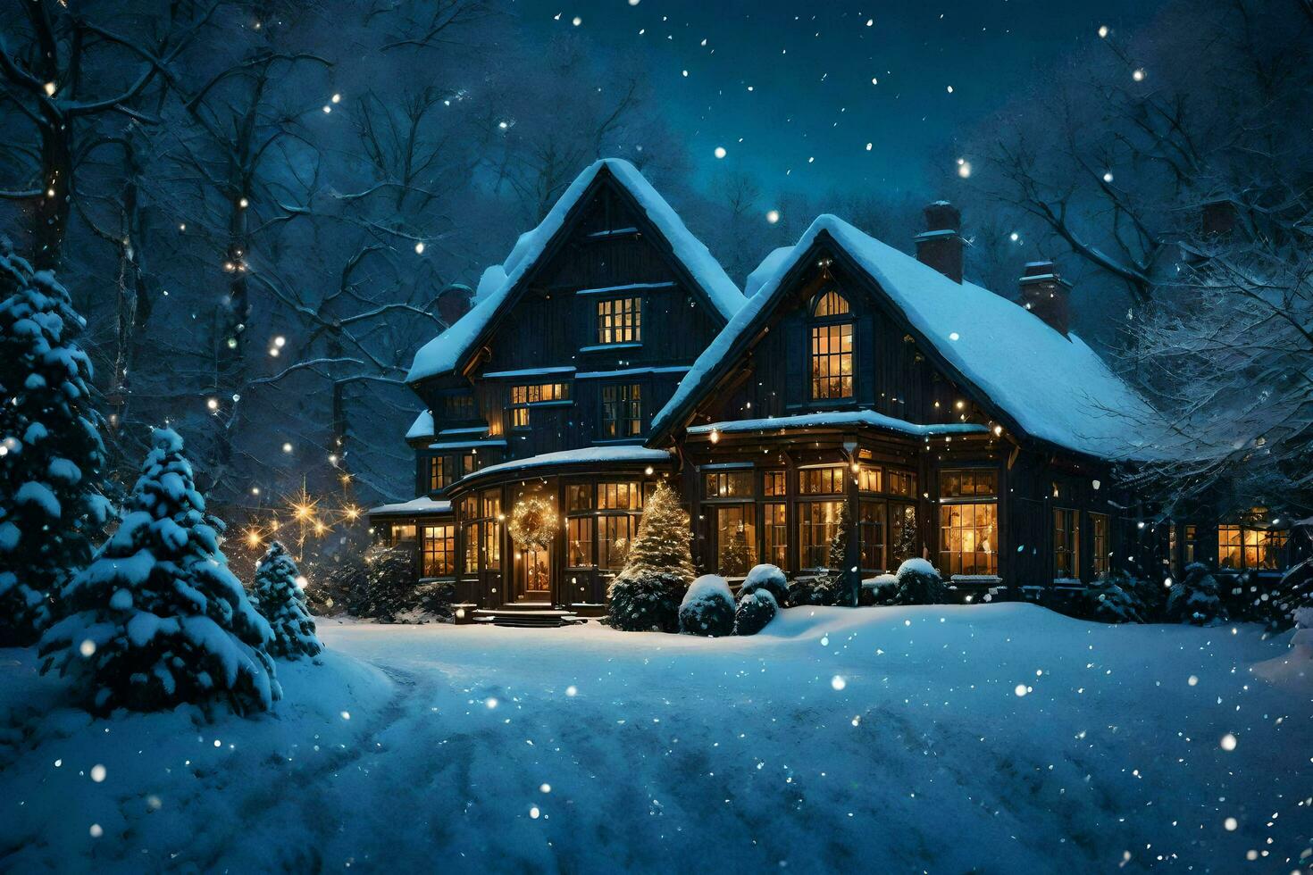 ai generato un' Casa nel il neve a notte foto