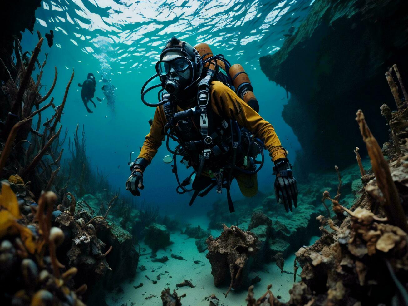 ai generato tuffatore su il parte inferiore di un' tropicale corallo scogliera nel il oceano. generativo ai foto