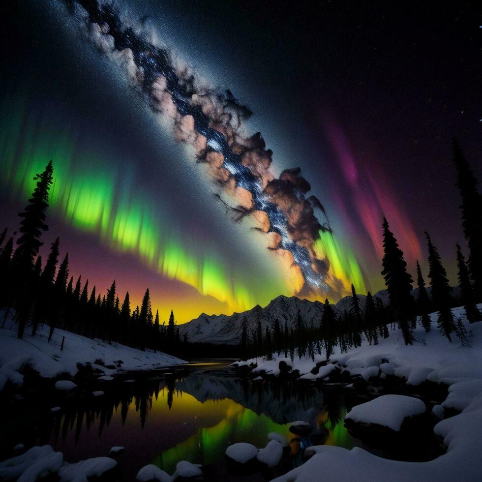 ai generato aurora boreale, settentrionale leggero al di sopra di lago nel roccioso montagne, Canada. generativo ai foto