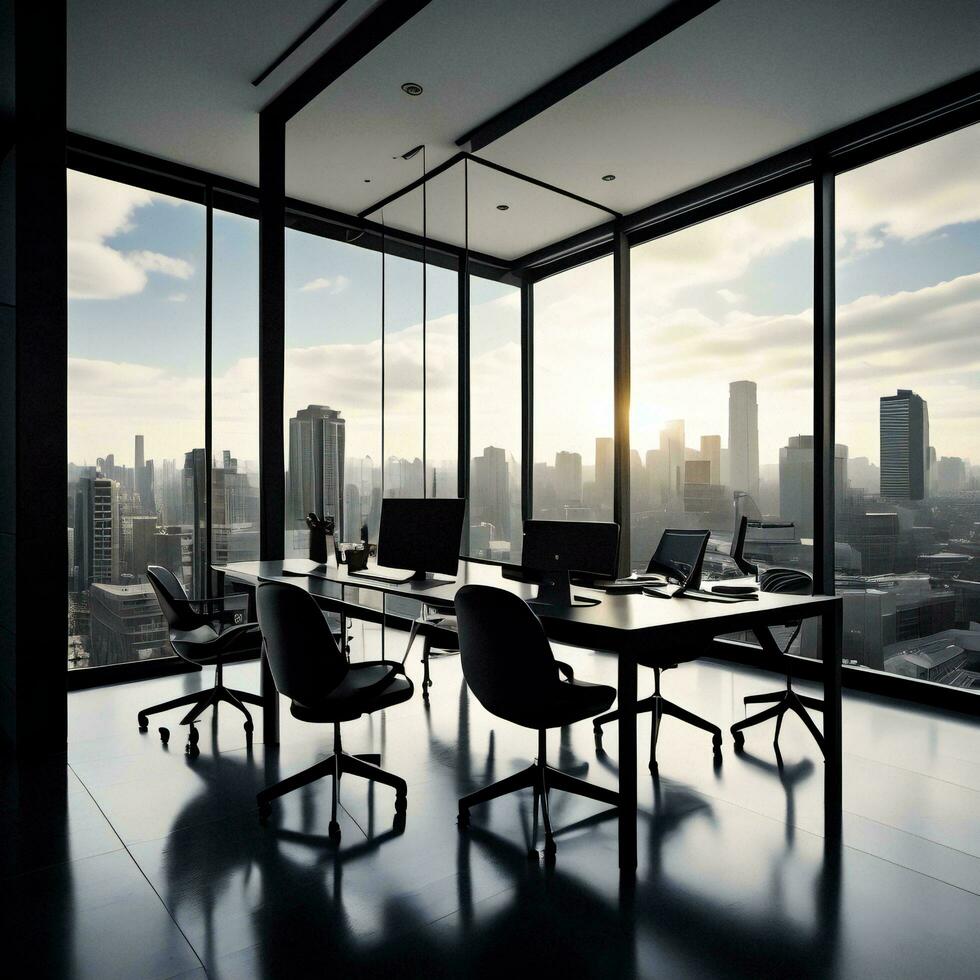 ai generato interno di moderno ufficio con panoramico finestra e città Visualizza. generativo ai foto