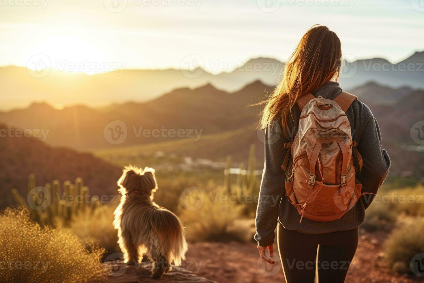 ai generato donna e cane escursioni a piedi nel montagne foto