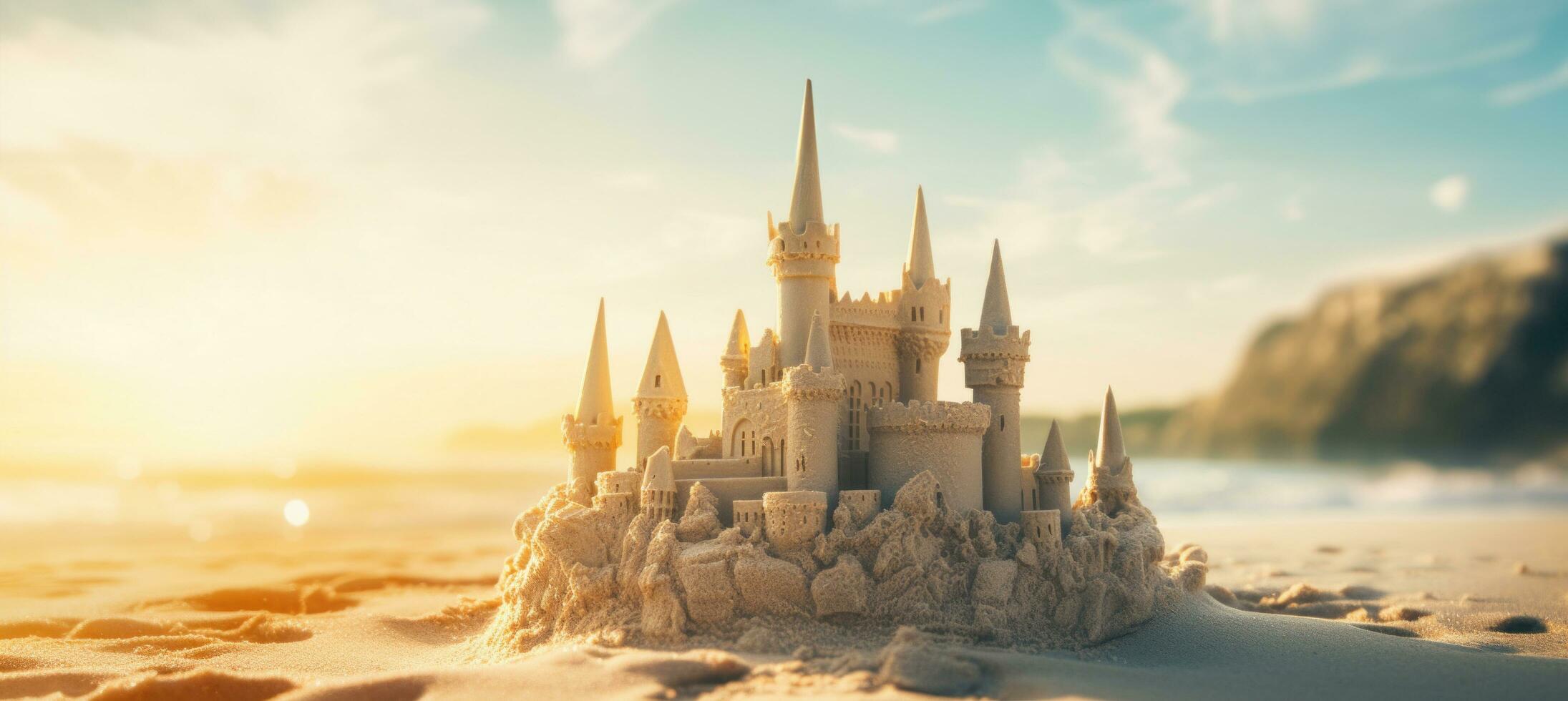 ai generato un' piccolo castello in piedi su il sabbia nel il spiaggia foto