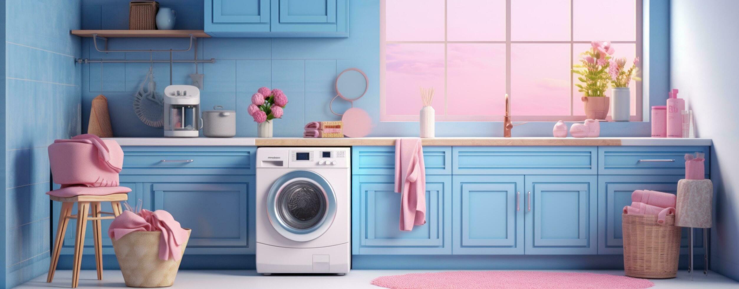 ai generato un' lavanderia camera con un' lotto di blu foto