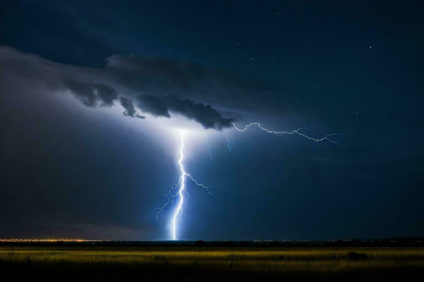 ai generato un' fulmine bullone è visto nel il cielo al di sopra di un' campo foto