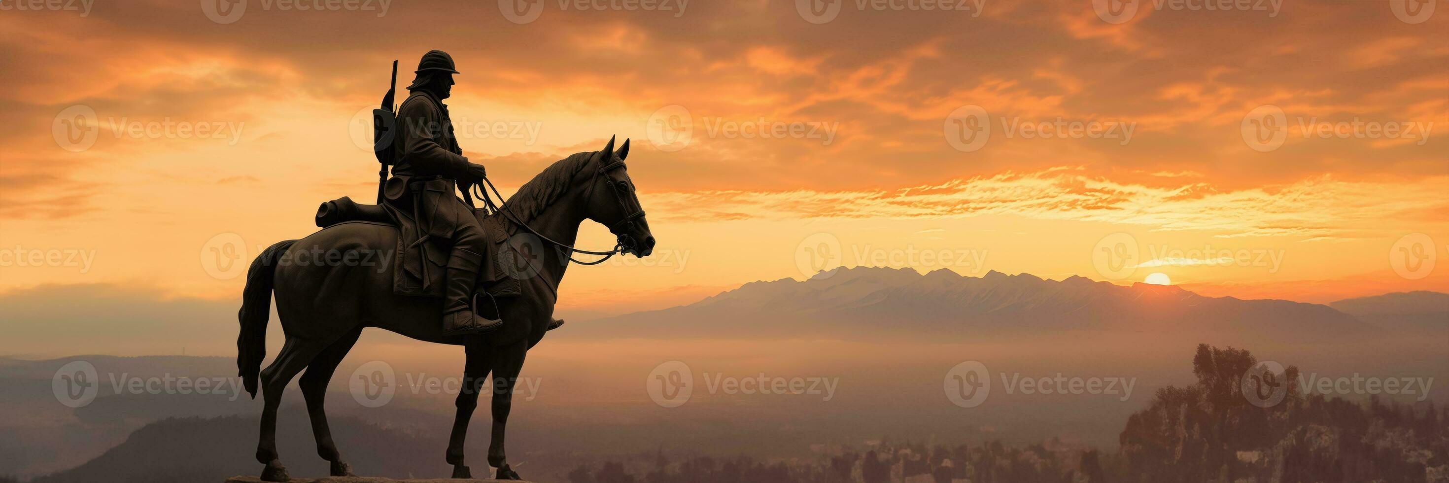 ai generato un' bronzo statua di Giorgio Washington su groppa nel silhouette contro un' alba o crepuscolo cielo sfondo con vuoto spazio per testo foto