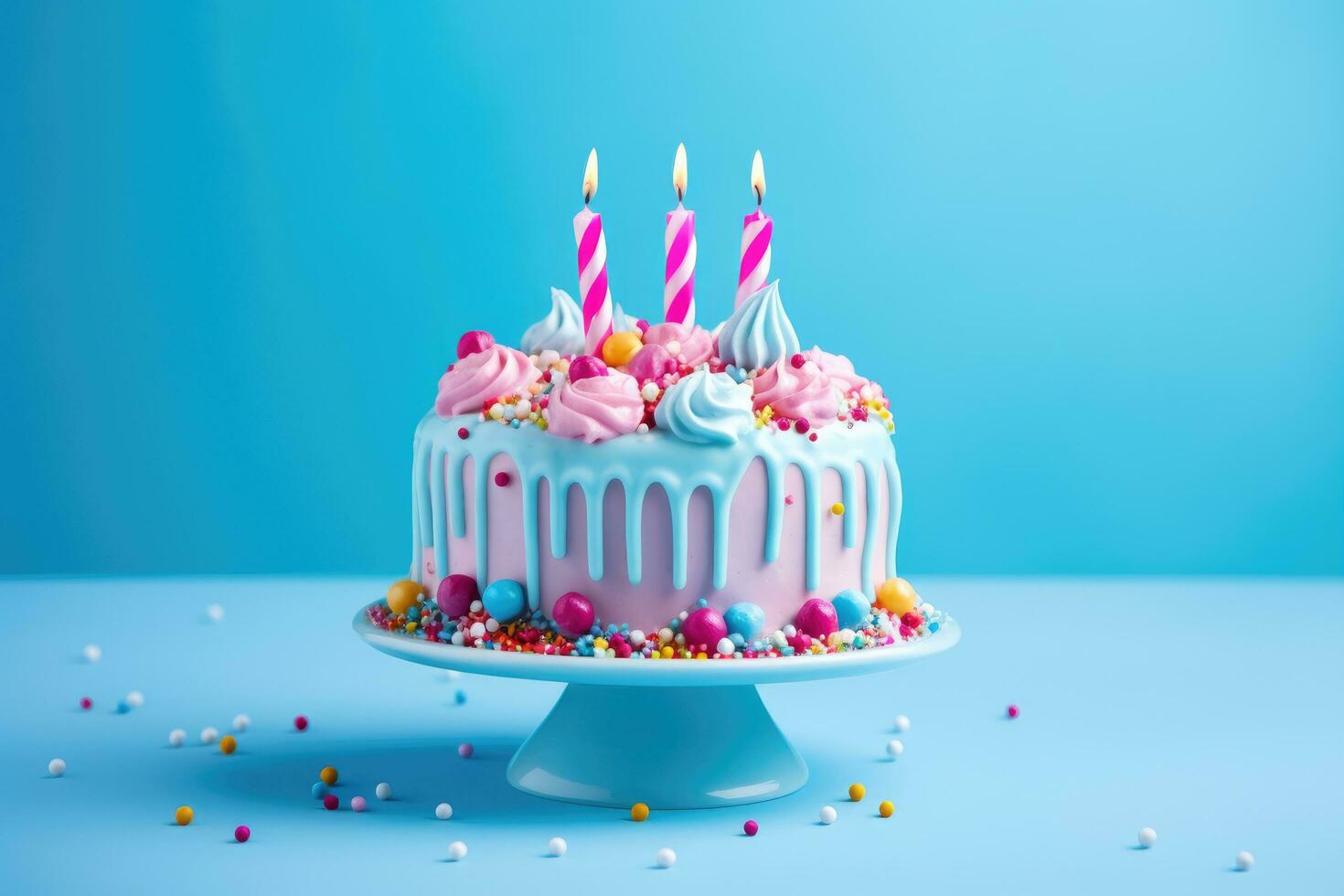 ai generato compleanno torta con candele e spruzzatori su blu sfondo, copia spazio, compleanno torta ornato con caramelle su un' blu sfondo con copia spazio, ai generato foto