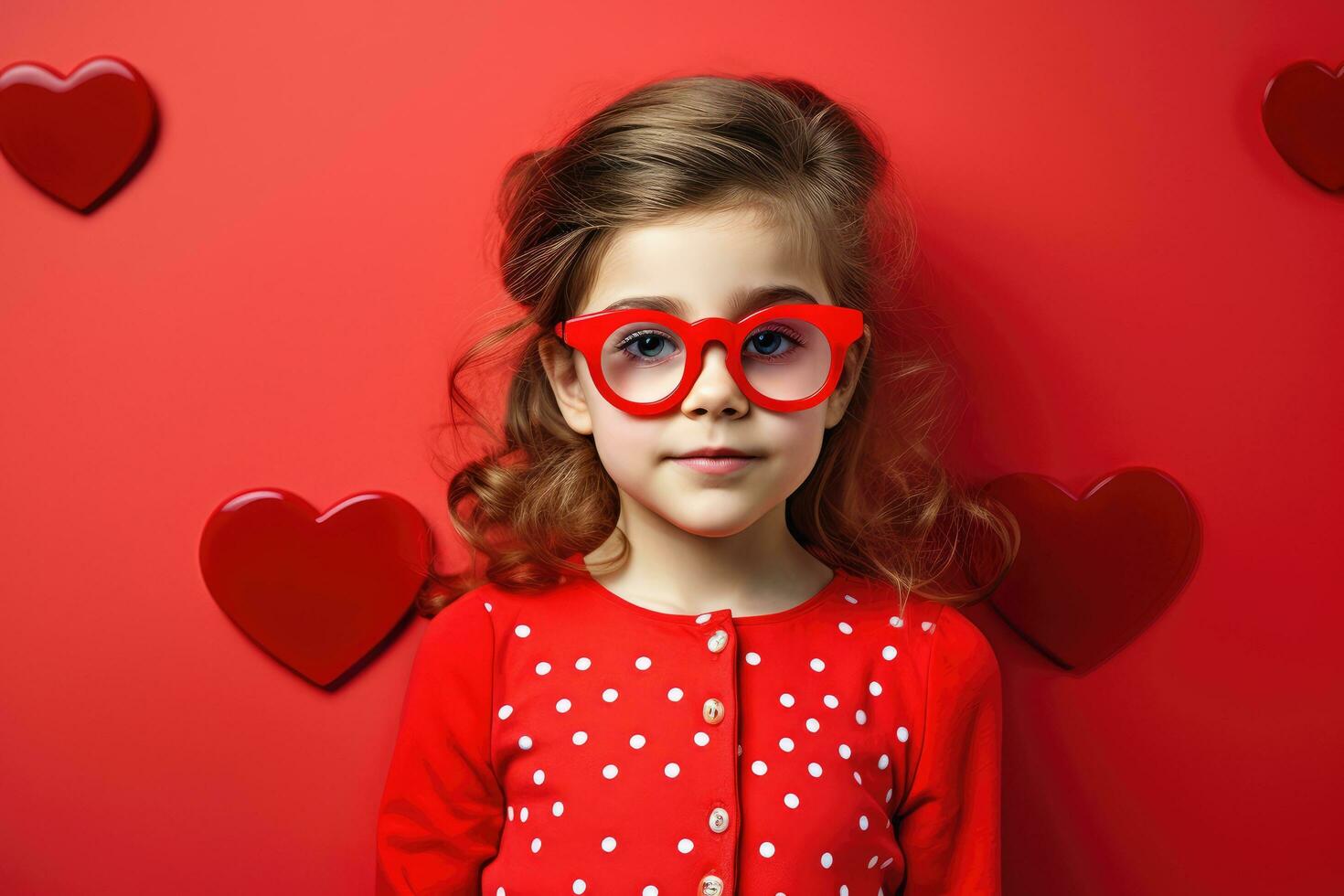 ai generato poco ragazza nel rosso bicchieri su un' rosso sfondo. San Valentino giorno, bellissimo ragazzo indossare elegante grande rosso bicchieri su San Valentino giorno, ai generato foto