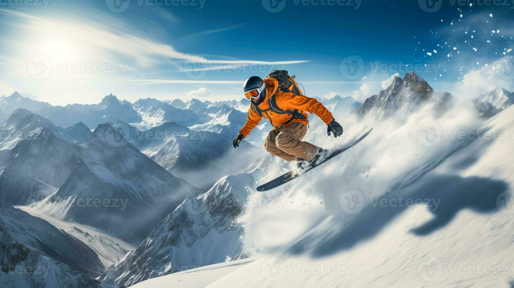 ai generato emozionante snowboard saltare con un' panoramico neve coperto montagna sfondo inverno gli sport eccitazione modello foto
