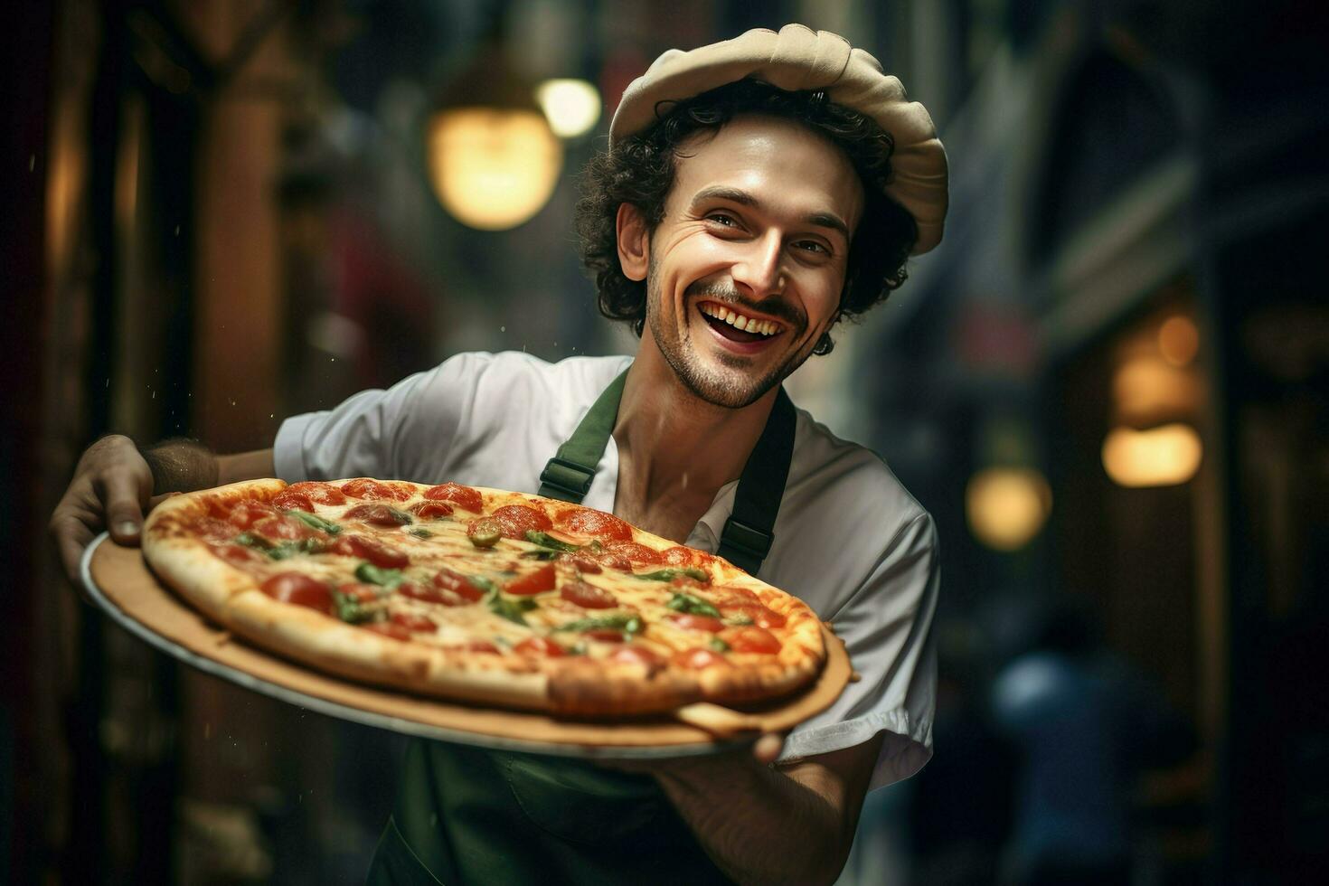 ai generato Pizza consegna uomo pronto per Pizza scatole per cliente. cibo consegna servizio, Pizza per giovane uomo a casa ai generato foto