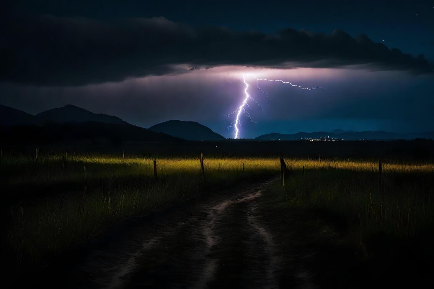 ai generato un' fulmine bullone è visto al di sopra di un' sporco strada foto