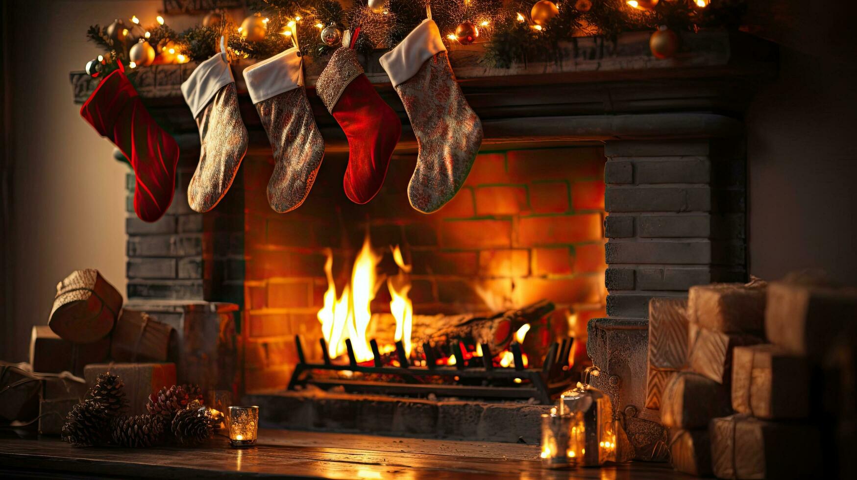 ai generato Natale camino con caldo fuoco decorato per il vacanza con calzini e i regali nuovo anni sfondo con calze autoreggenti foto