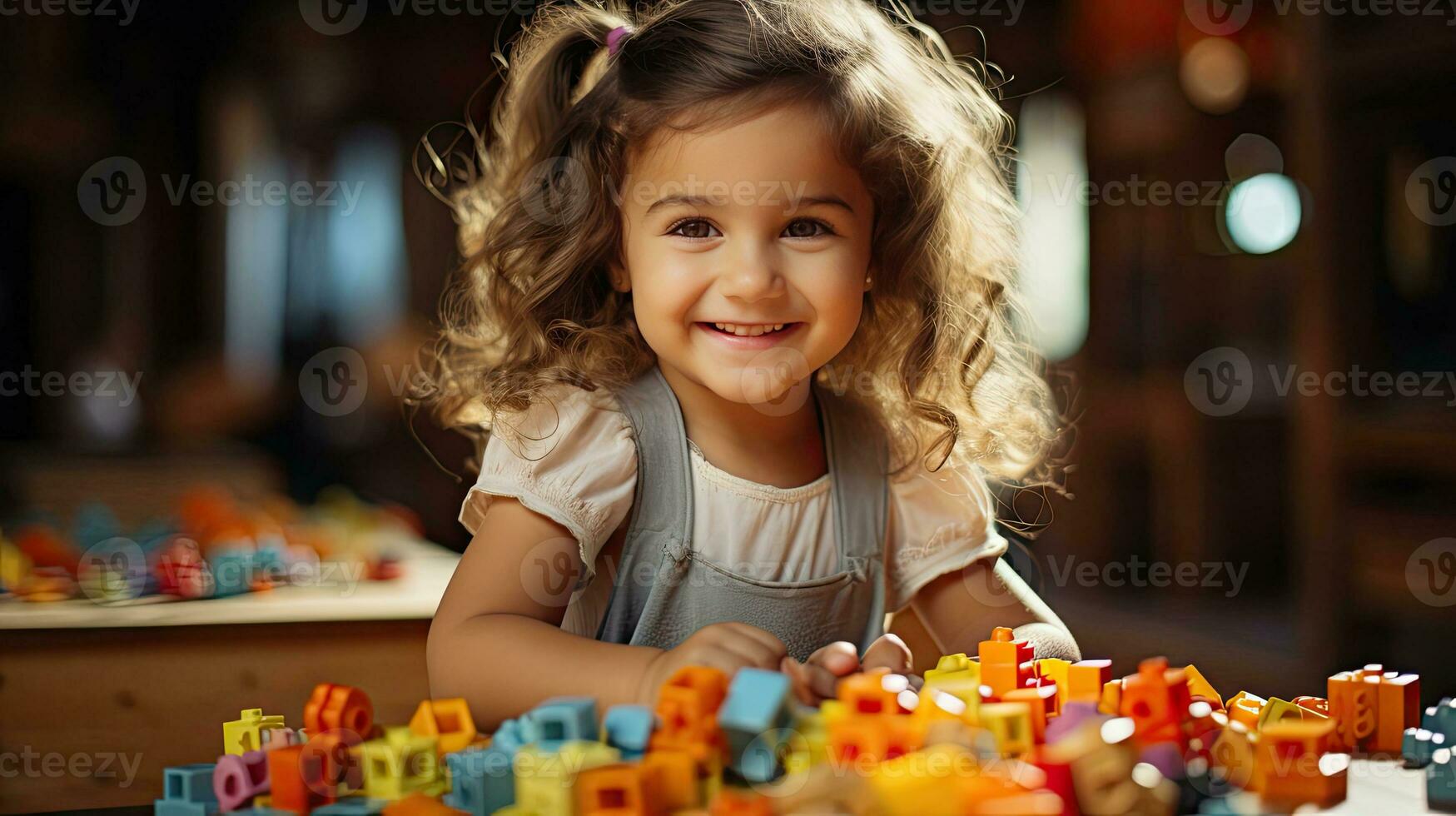 ai generato poco sorridente contento gioioso ragazza bambino giocando con giocattoli plastica colorato cubi costruzione impostato a casa ai generato Immagine foto