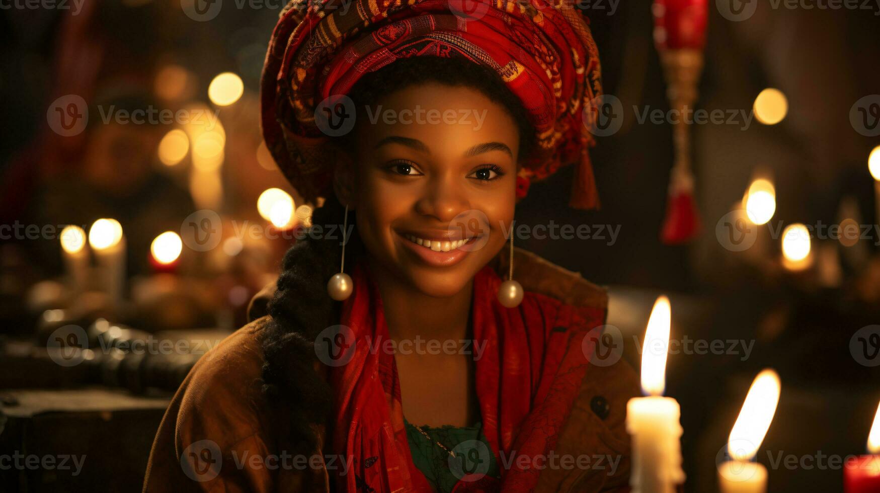 ai generato Kwanzaa celebrazione, un' ragazza immersa nel il vita notturna e festivo atmosfera foto