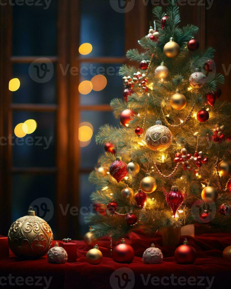 ai generato Natale albero meravigliosamente decorato con festivo ornamenti foto