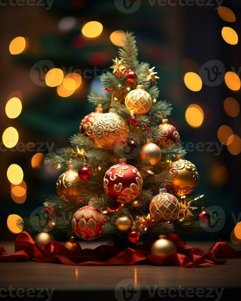 ai generato Natale albero meravigliosamente decorato con festivo ornamenti foto