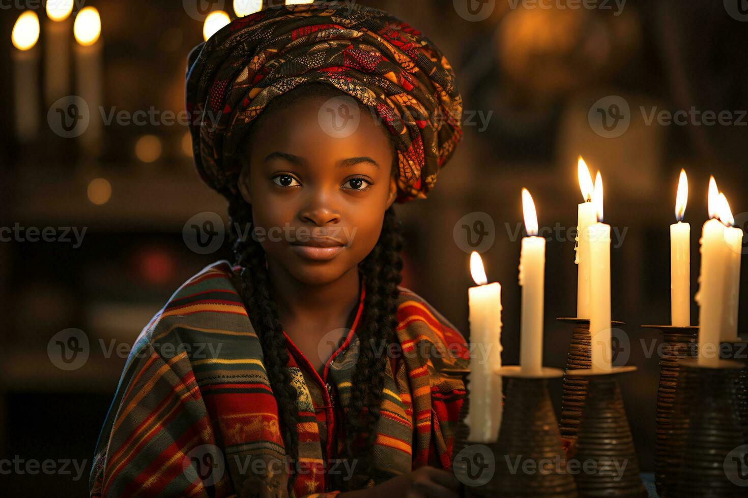 ai generato Kwanzaa celebrazione, messa a fuoco su africano persone illuminato candela raggiante con culturale significato foto