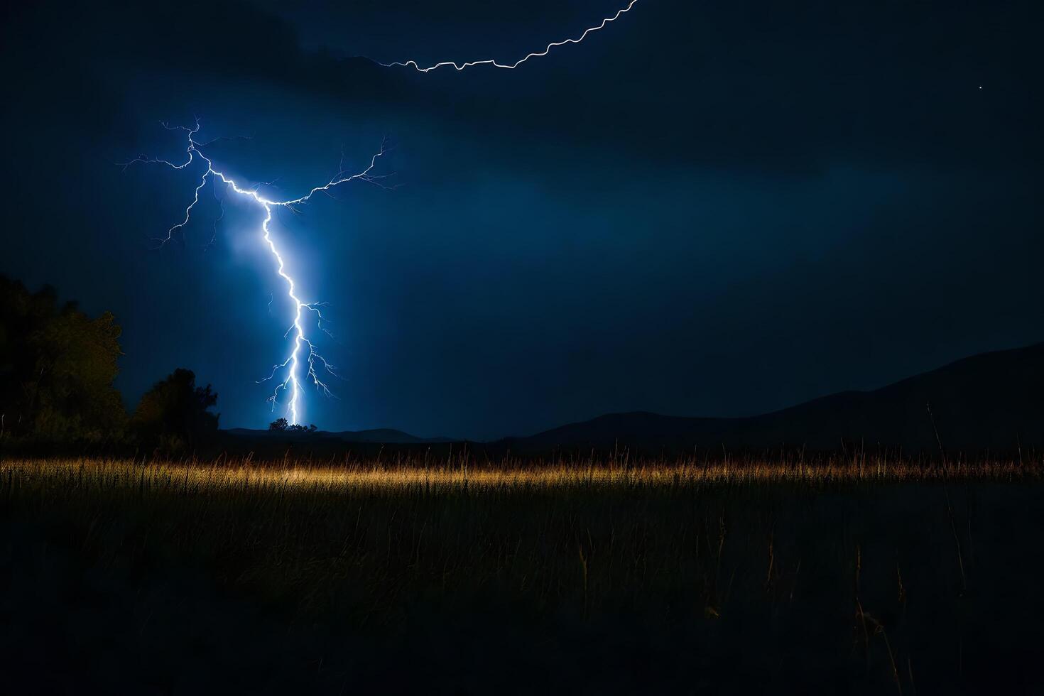 ai generato fulmine nel il cielo al di sopra di un' campo foto