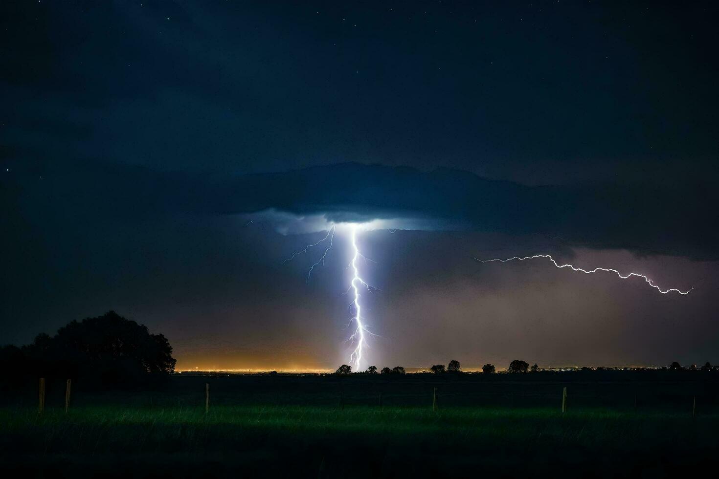 ai generato un' fulmine bullone è visto nel il cielo al di sopra di un' campo foto