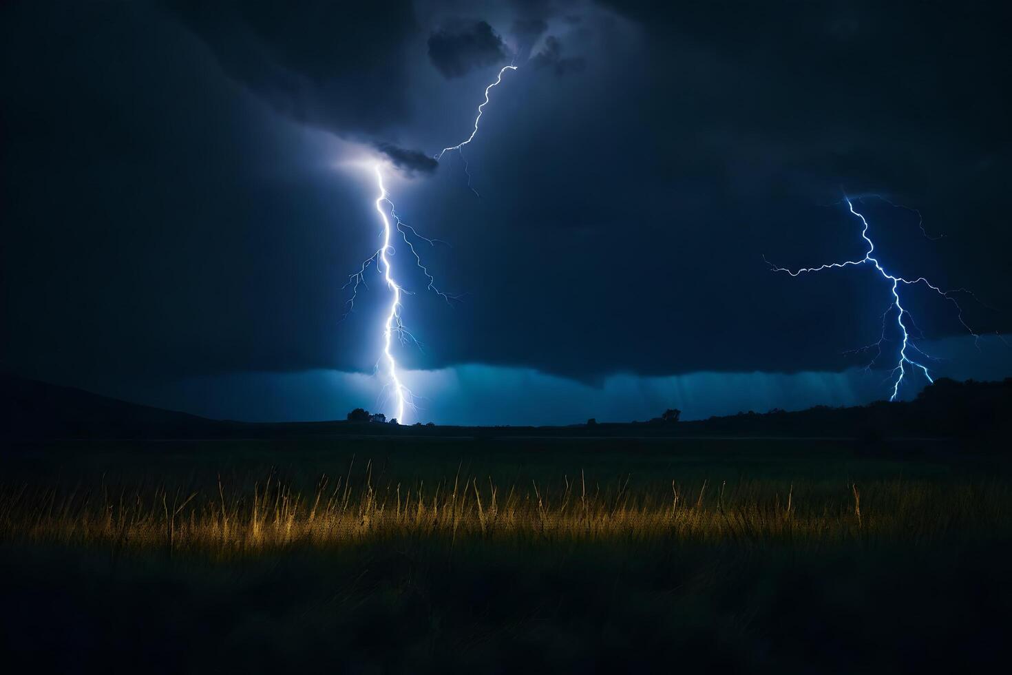 ai generato fulmine scioperi al di sopra di un' campo nel il buio foto