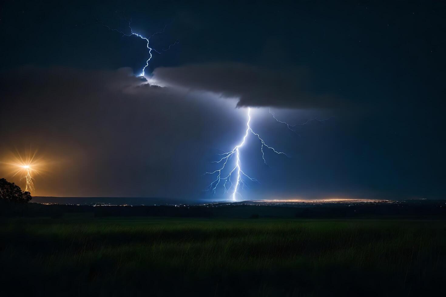 ai generato fulmine scioperi al di sopra di un' campo a notte foto