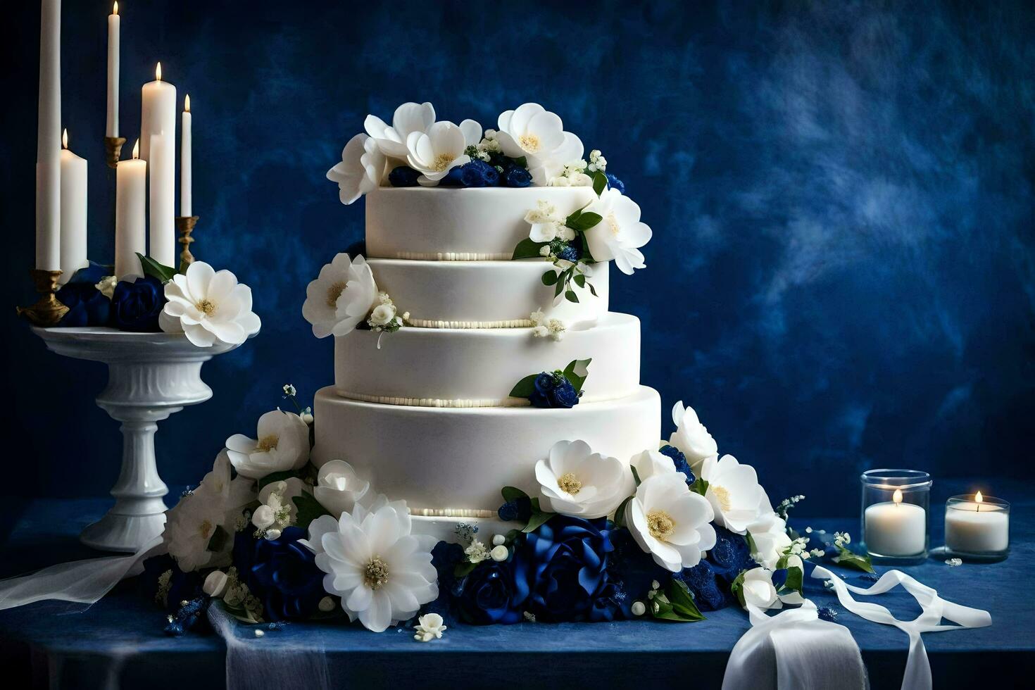 ai generato un' nozze torta con blu e bianca fiori foto