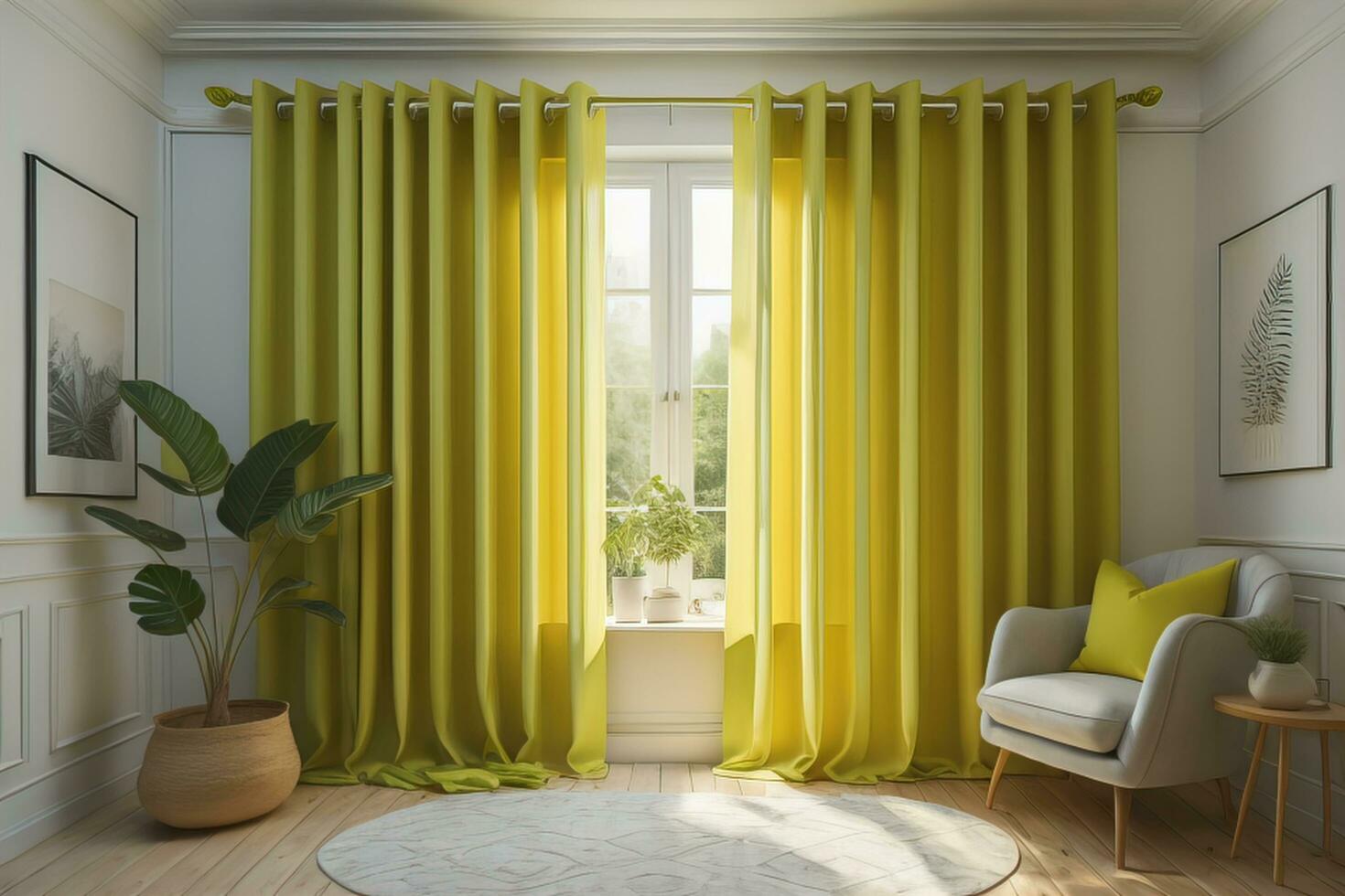 ai generato interno di moderno vivente camera con giallo tende, generativo ai foto