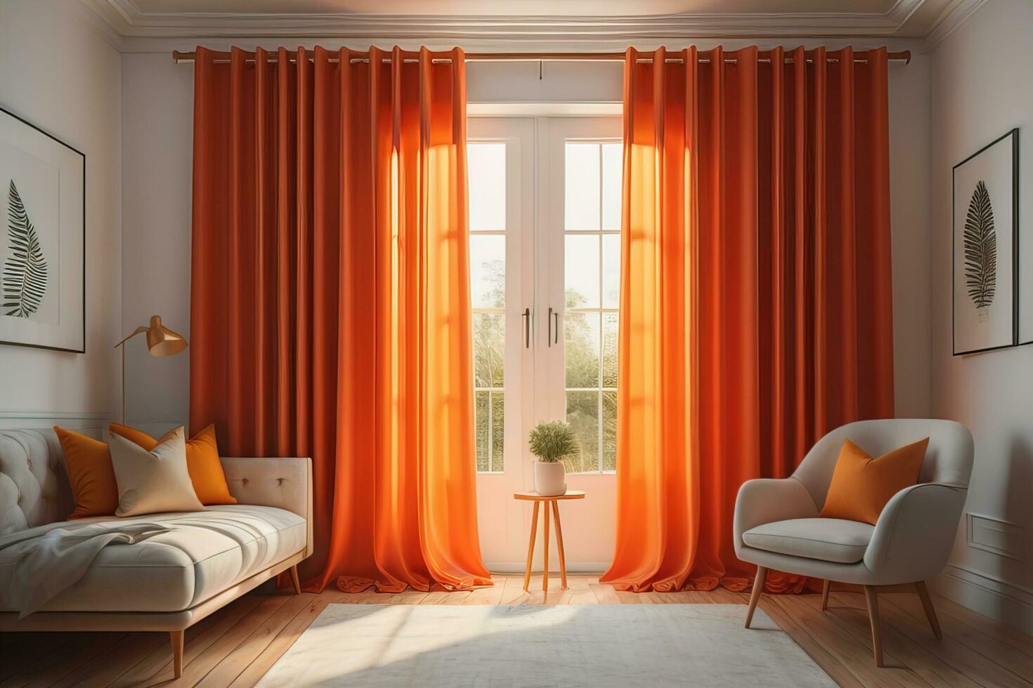 ai generato interno di moderno vivente camera con finestra e colorato tende. ai generativo foto
