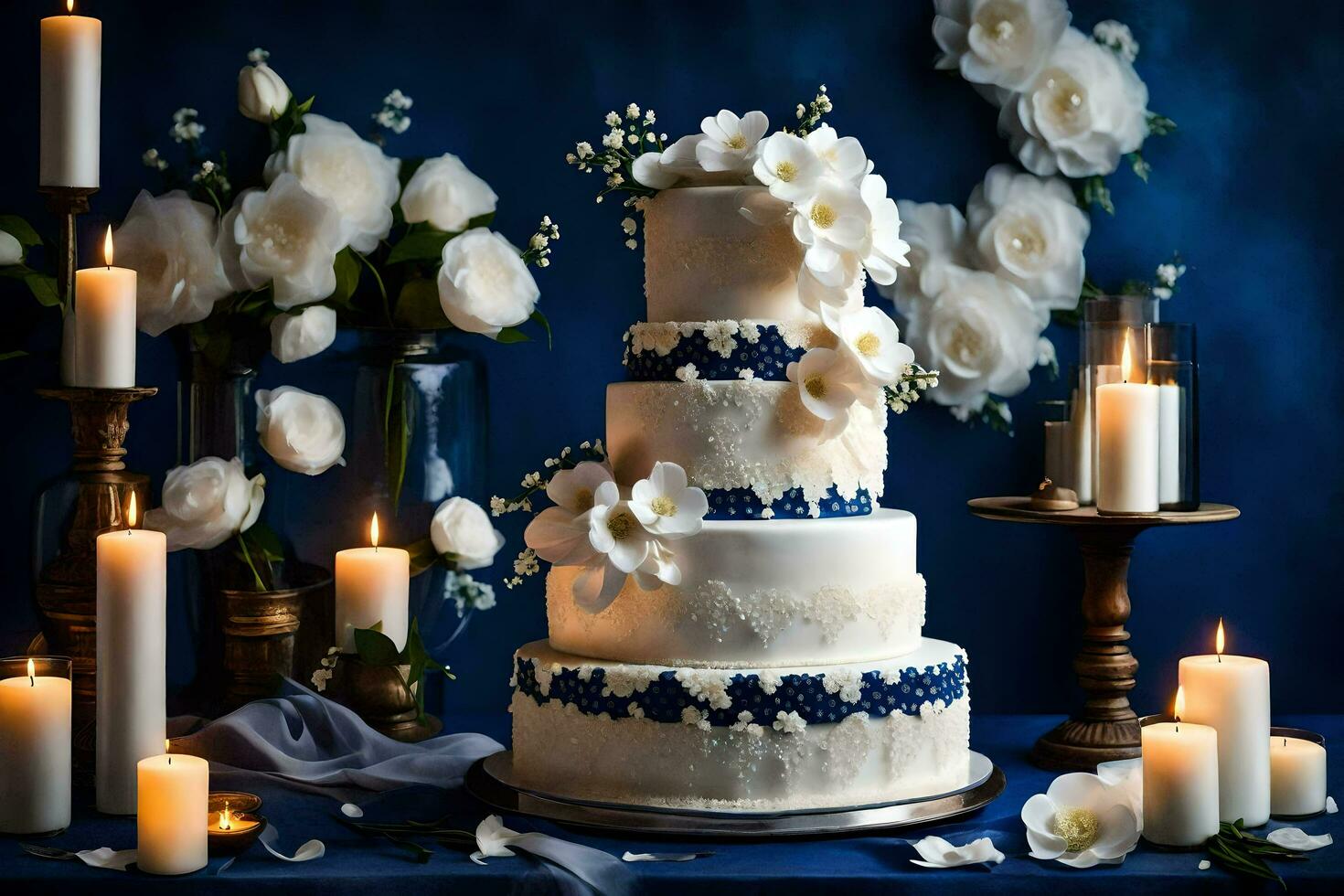 ai generato un' nozze torta con blu e bianca fiori foto