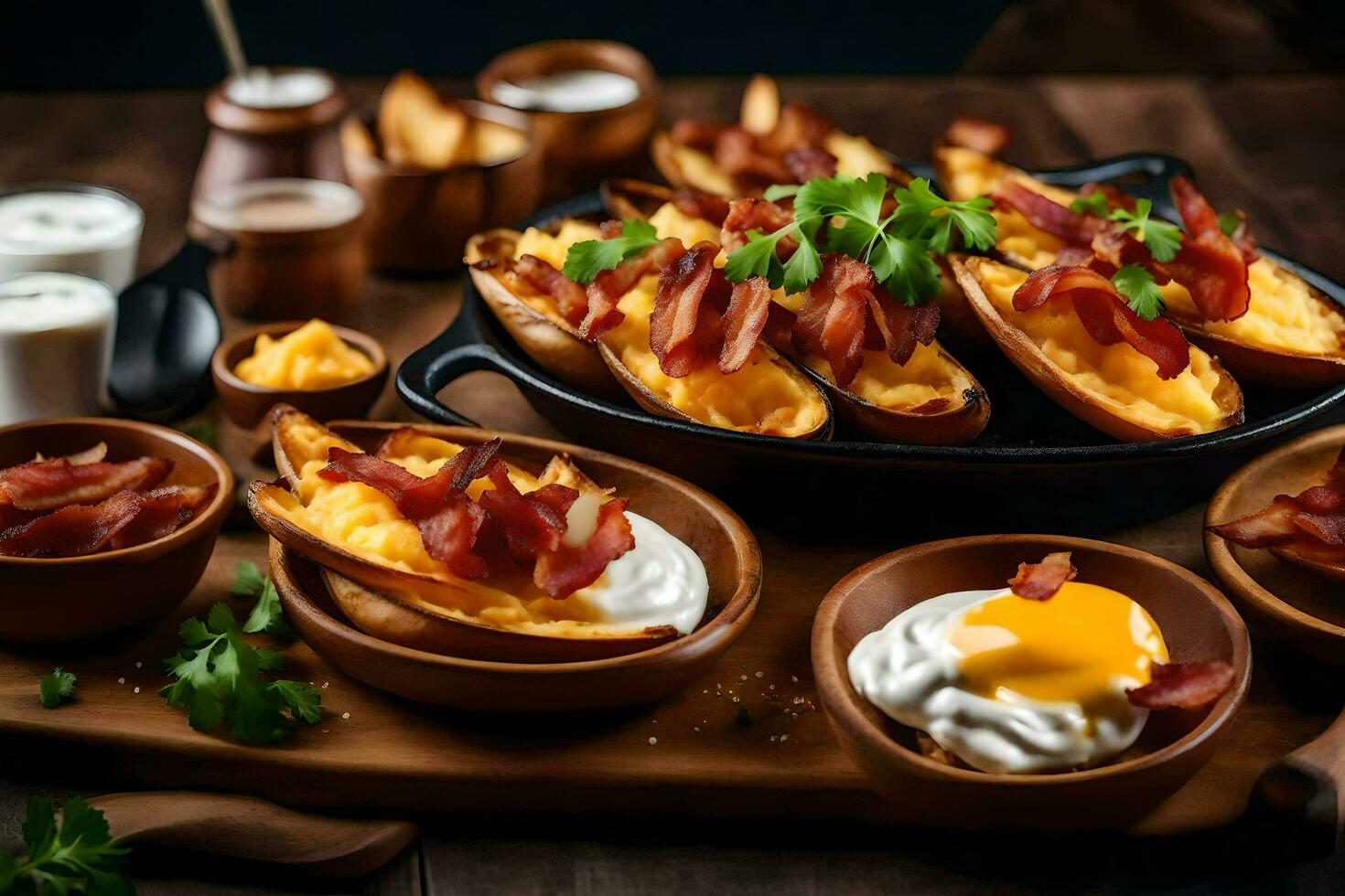 ai generato al forno patate con Bacon, uova e acida crema foto