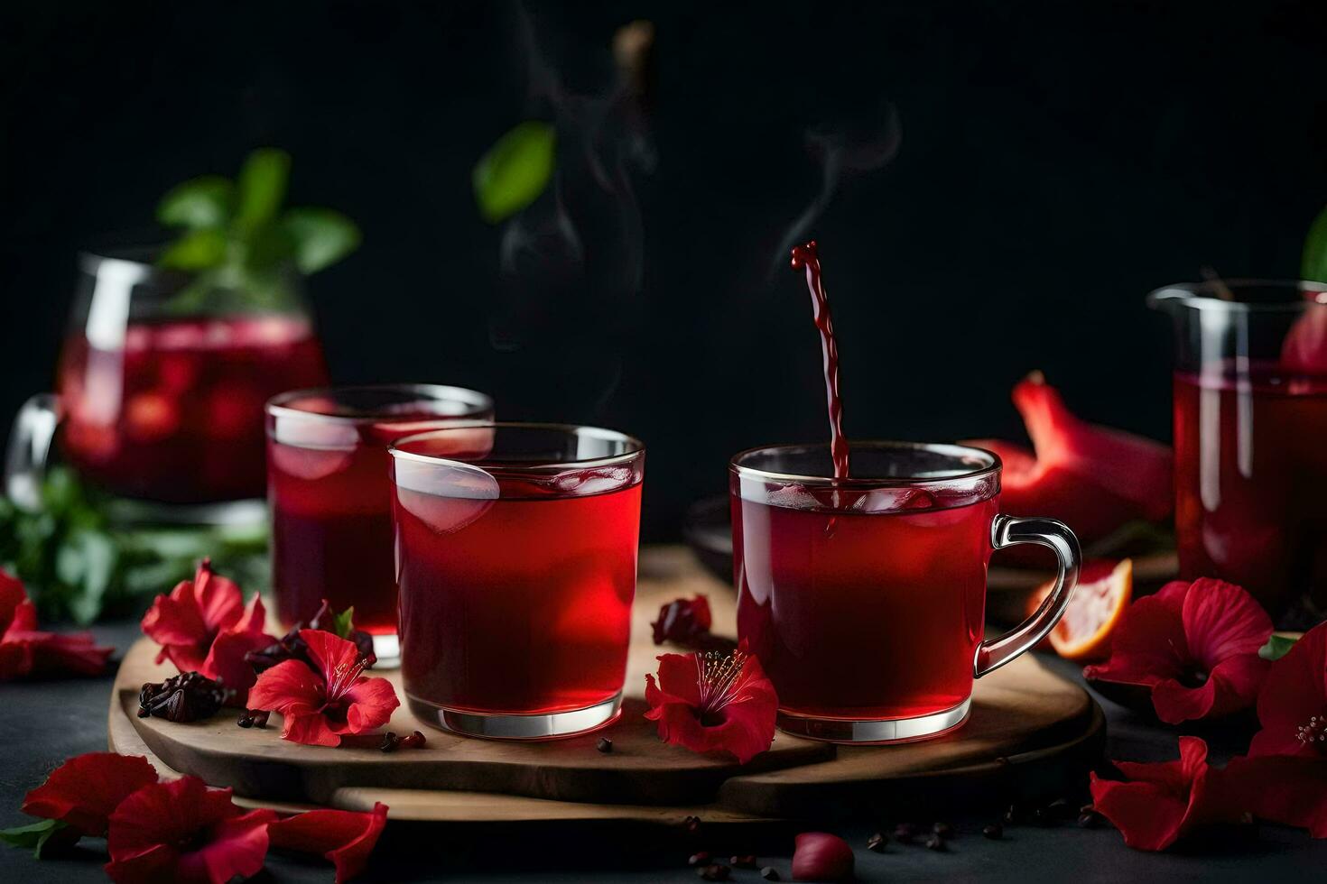 ai generato rosso tè con fiori e le foglie su un' nero sfondo foto