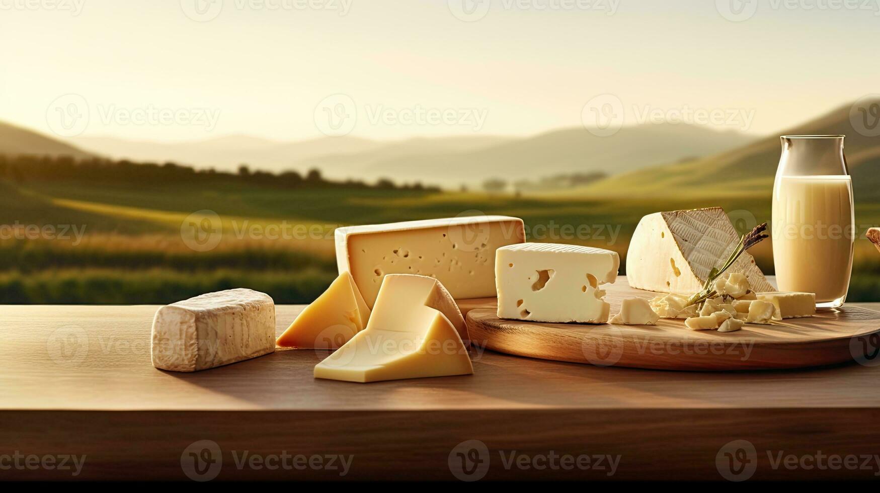 ai generato assortito latteria delizie su rustico tavolo nel pastorale paesaggio. foto