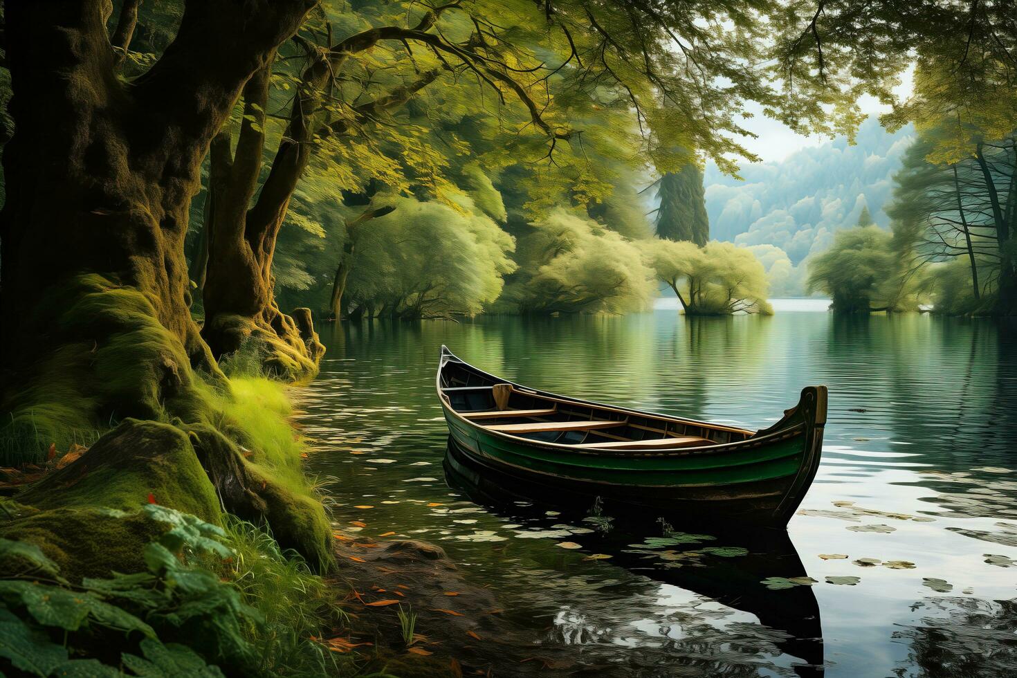 ai generato canottaggio barca su il fiume tra verde alberi su un' soleggiato estate giorno su il sfondo di il foresta. foto