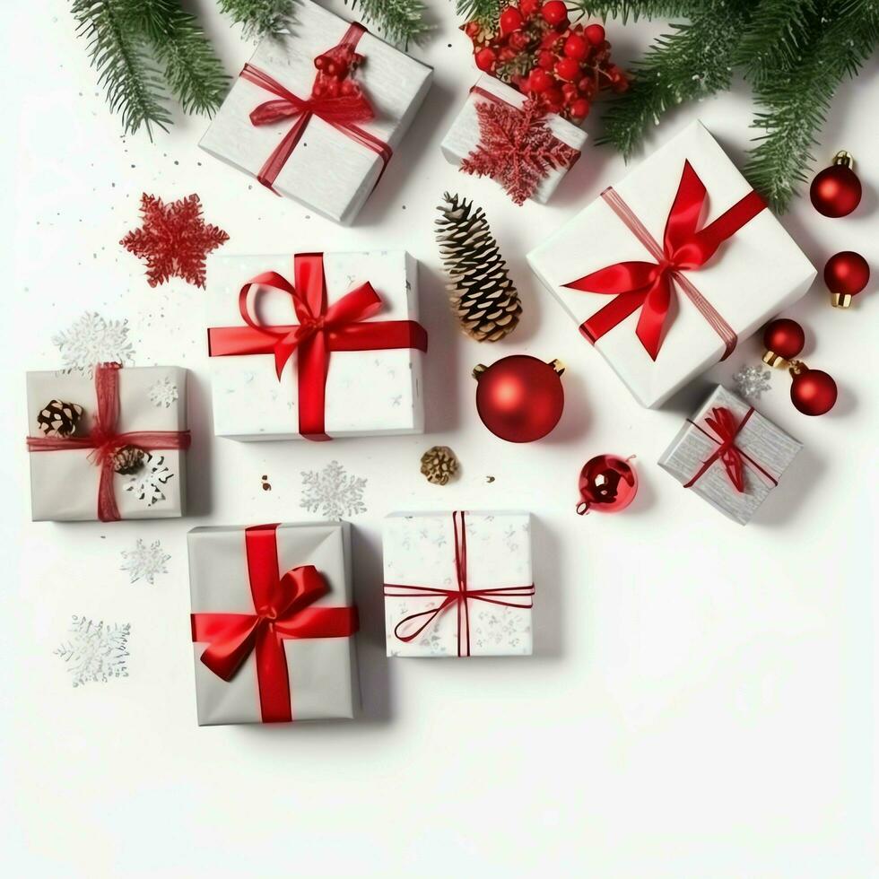 Natale composizione con regalo scatole, carta palle abete rami pino coni con copia spazio. Natale di ai generato foto
