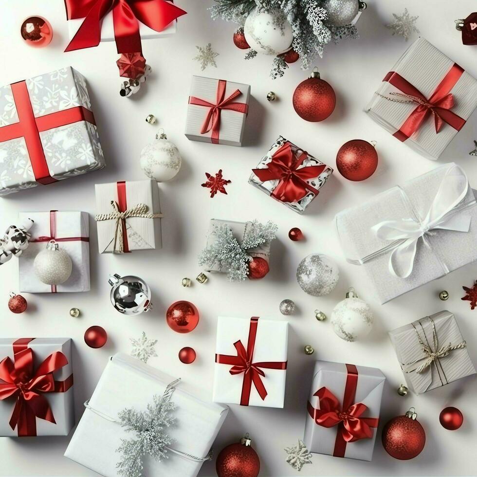 Natale composizione con regalo scatole, carta palle abete rami pino coni con copia spazio. Natale di ai generato foto