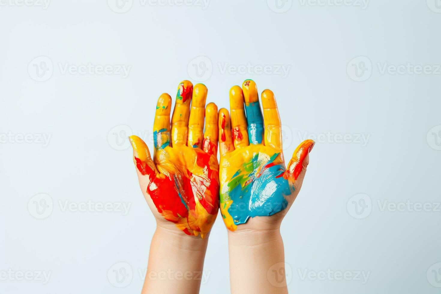 ai generato del bambino mani macchiato con dipingere su un' bianca sfondo. generato di artificiale intelligenza foto